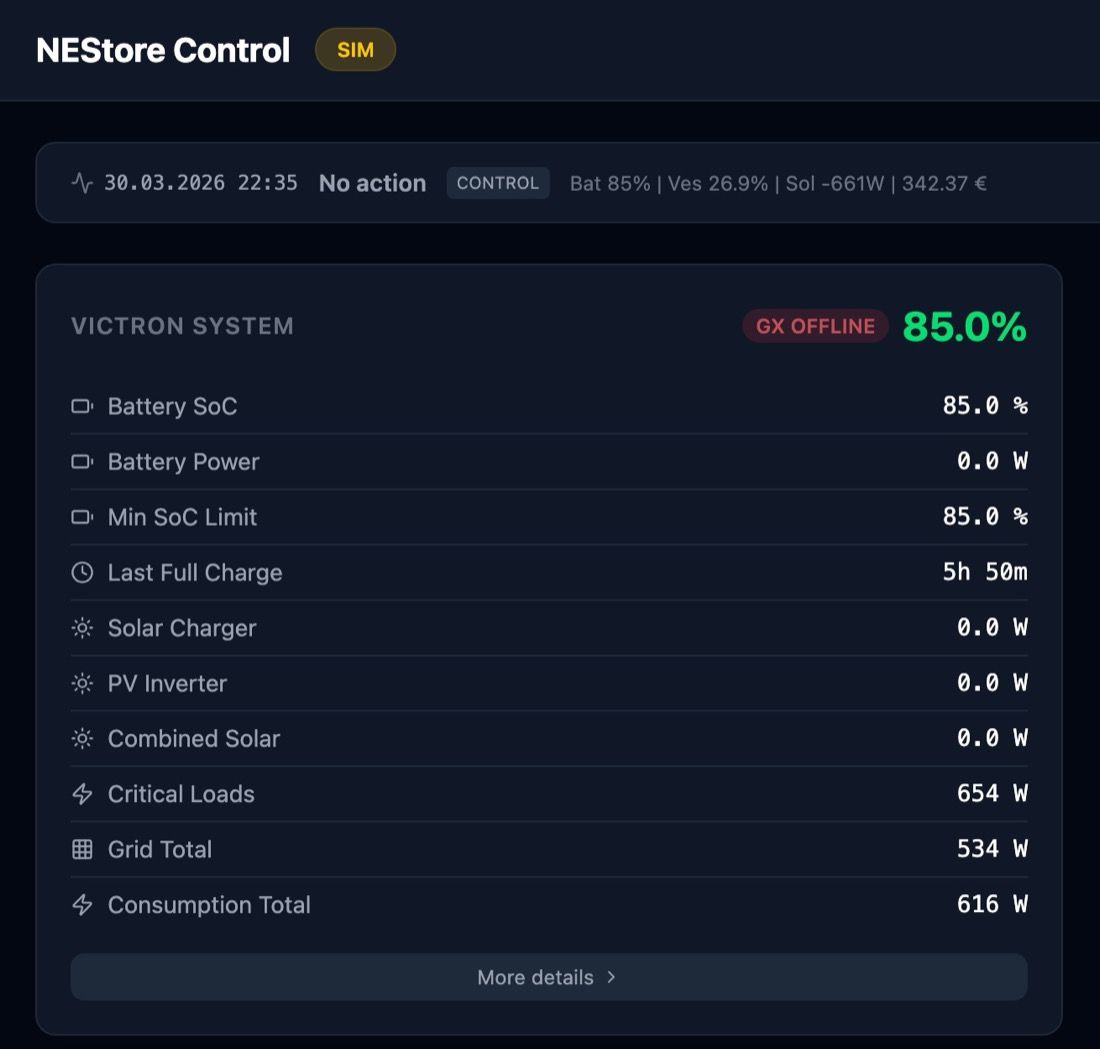 NEStore Control dashboard showing the Victron system and NEStore vessel status